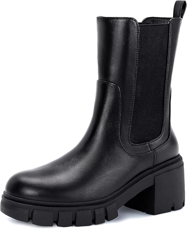 Athlefit Women's Chelsea Platform Mid Calf Boots Lug Sole Chunky Heel Elastic Leather Booties | Amazon (US)