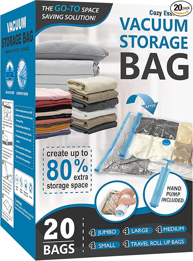 Cozy Essential 20 Pack Vacuum Storage Bags, Space Saver Bags (4 Jumbo/4 Large/4 Medium/4 Small/4 ... | Amazon (US)
