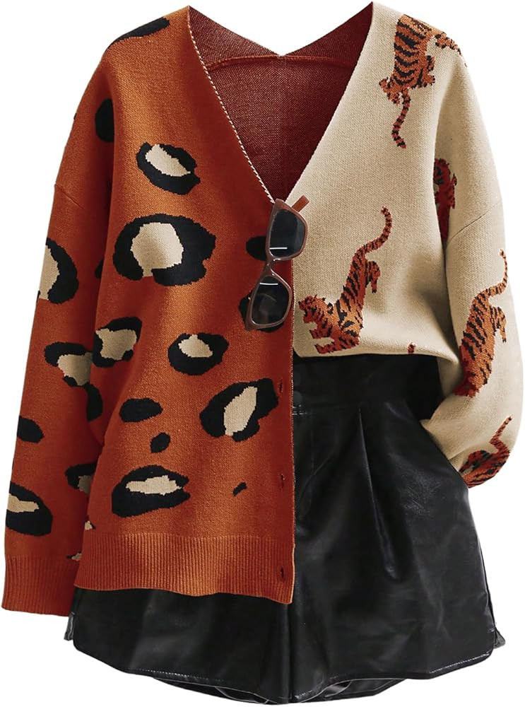 WDIRARA Women's Leopard Tiger Print Cardigan V Neck Long Sleeve Color Block Button Down Sweater O... | Amazon (US)