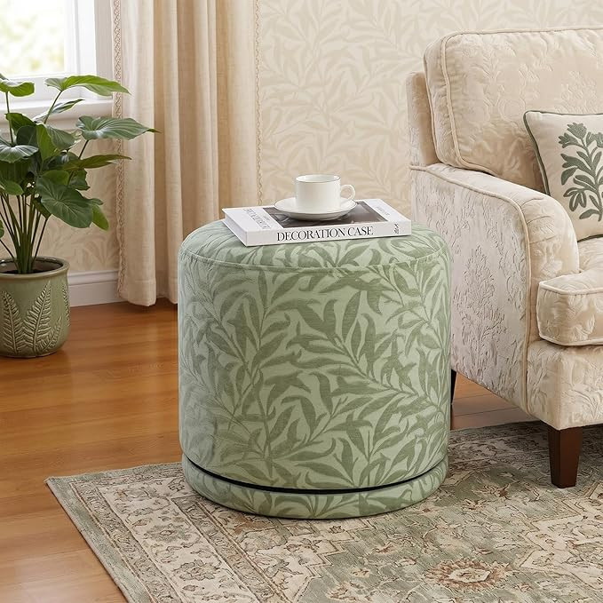 Fully Assembled Swivel Round Ottoman, Upholstered Green Leaves Linen Accent Ottoman with Vietnam ... | Amazon (US)