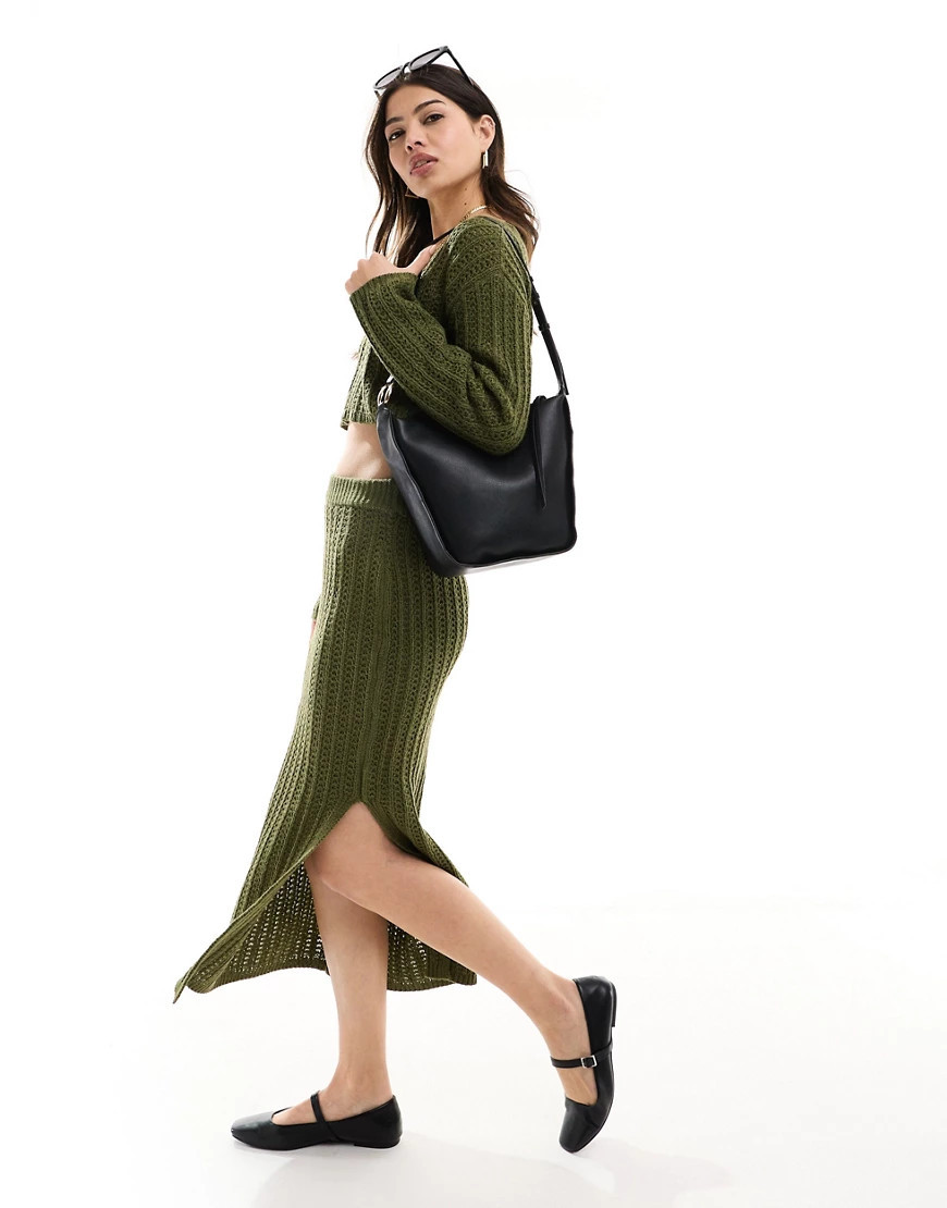 ASOS DESIGN knit midi skirt in open stitch in khaki - part of a set-Green | ASOS (Global)