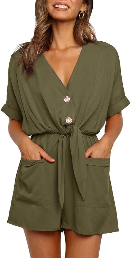 Ivay Womens V Neck Button Rompers Knot Tie Short Sleeve Sexy Loose Playsuit Jumpsuit with Pockets | Amazon (US)