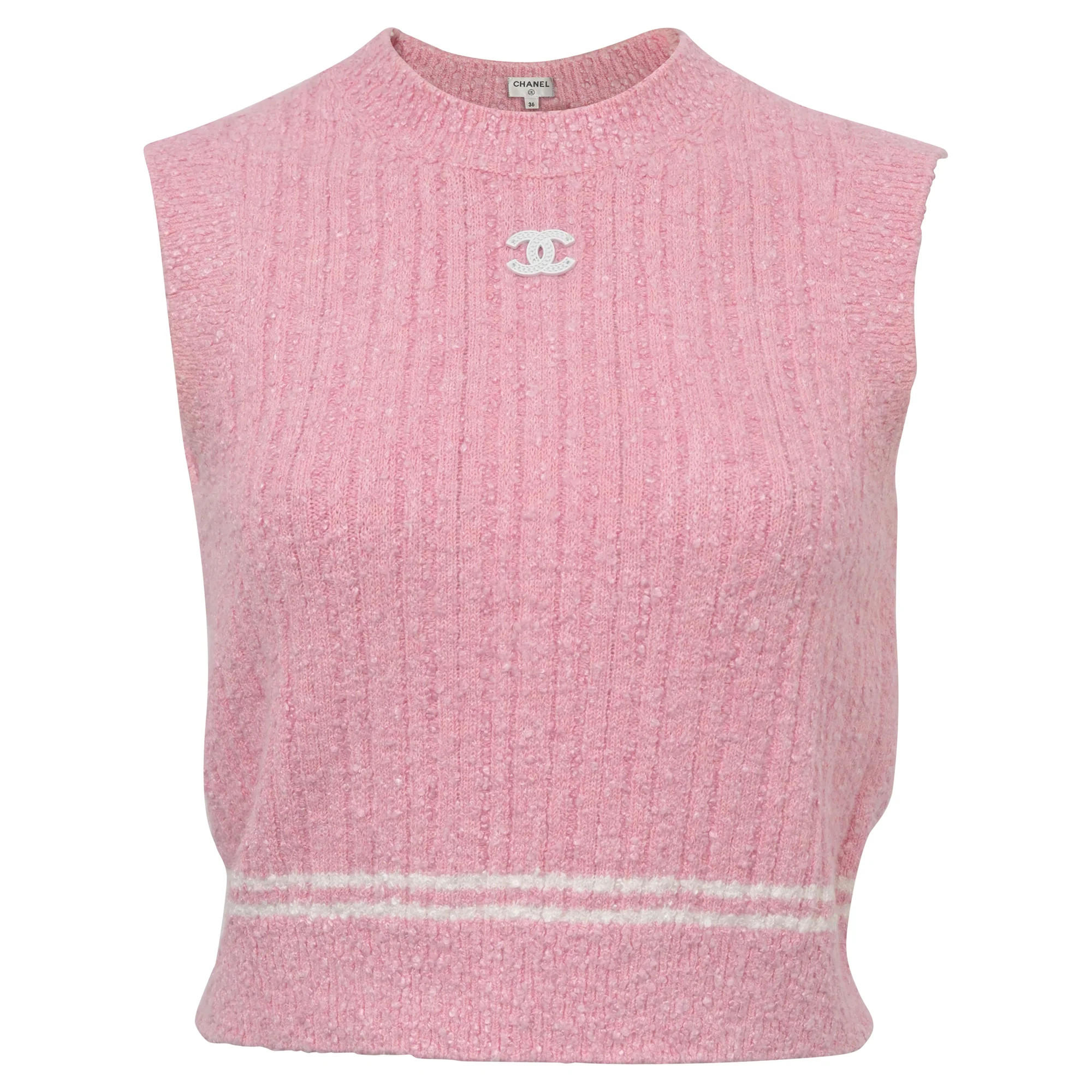 Chanel 2022 Crewneck Tweed CC Crop Top in Pink Viscose | Shop Simon