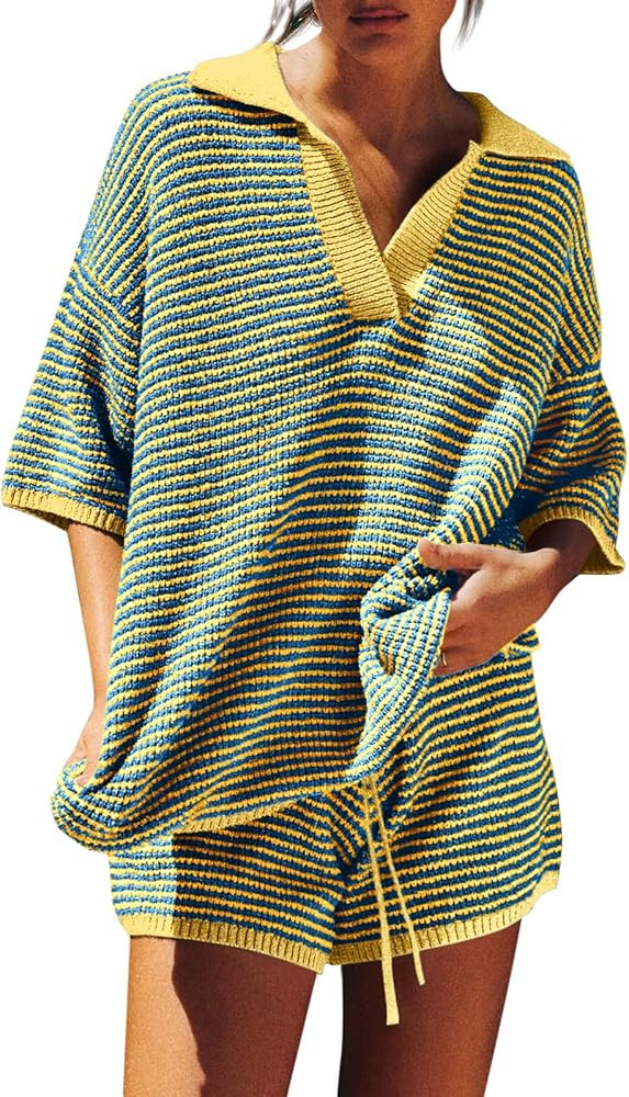 Tankaneo Womens Sweater Set 2 Piece Outfits Oversized 3/4 Sleeve V Neck Knit Tops High Waisted Sh... | Amazon (US)