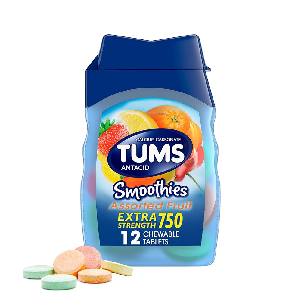TUMS Smoothies Extra Strength Antacid Chewable Tablets for Heartburn Relief, Assorted Fruit - 12 ... | Amazon (US)