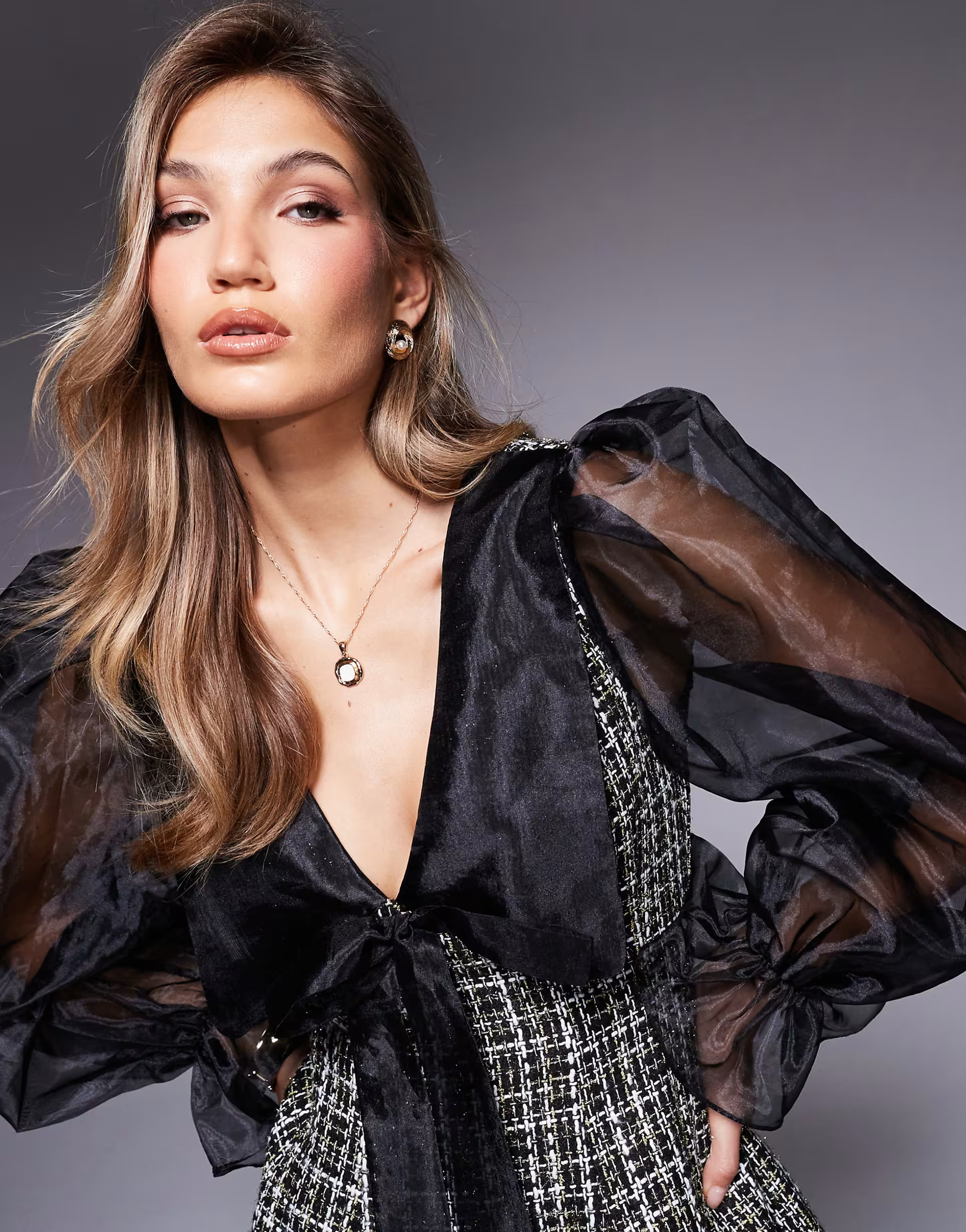 ASOS LUXE Glitter boucle dress with organza collar in black | ASOS (Global)