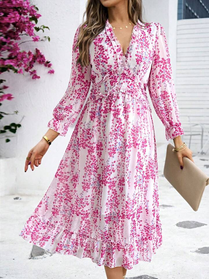 SHEIN VCAY Ditsy Floral Frill Trim Flounce Sleeve Ruffle Hem Dress | SHEIN