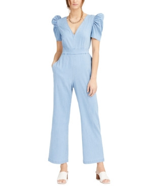 Bar Iii Puff-Shoulder Denim Jumpsuit, Created for Macy's | Macys (US)