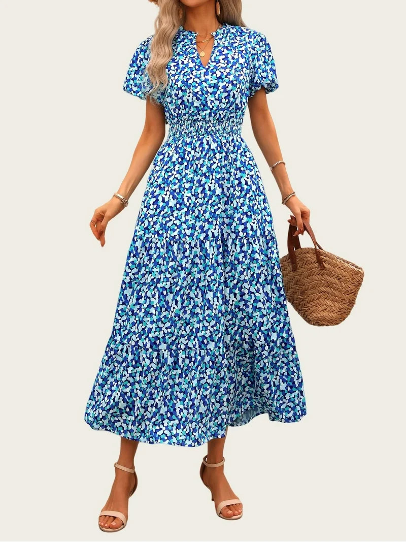 PRETTYGARDEN Summer Maxi Dress for Women Casual Wear To Work V Neck Puff Short Sleeve Smocked Ruf... | Walmart (US)