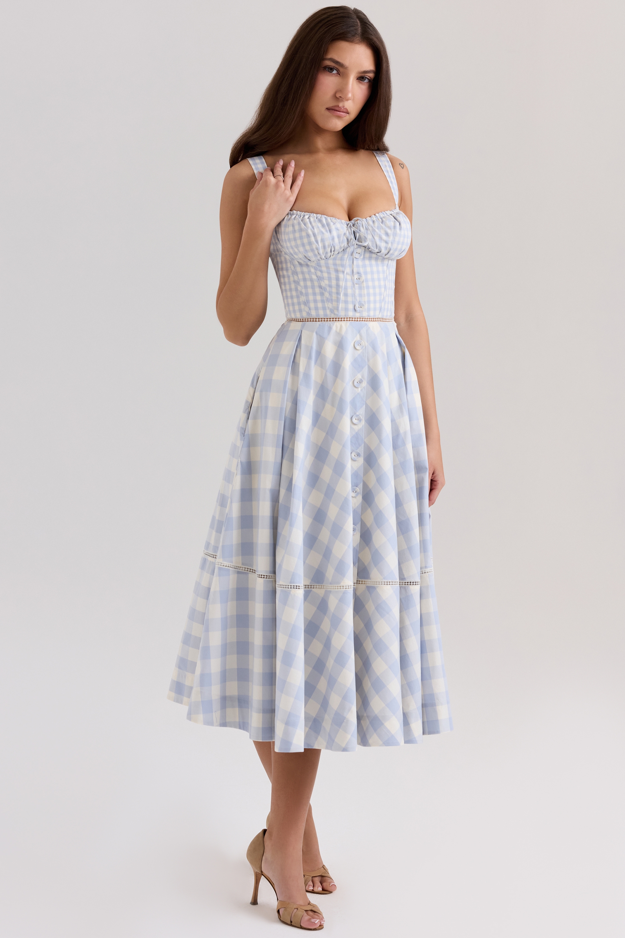 light blue gingham stretch cotton midi dress | House of CB