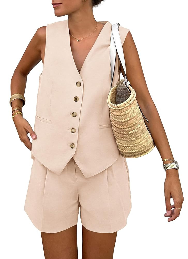PRETTYGARDEN Women's Summer 2 Piece Outfits Sleeveless Matching Sets Button Down V Neck Vest Wais... | Amazon (US)