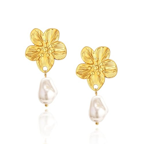 Vintage Pearl Earrings Chunky 14K Gold Plated Pearl Earrings for Women Oval Stud Non Tarnish | Amazon (US)