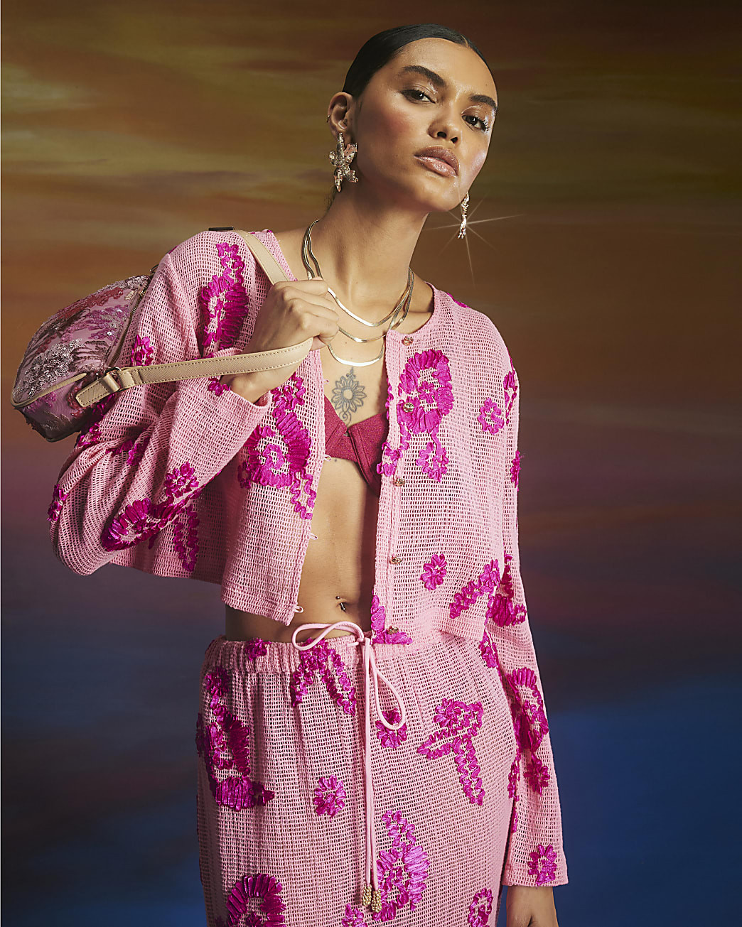 Pink Long Sleeve Embroidered Beach Crop Top | River Island UK & IE