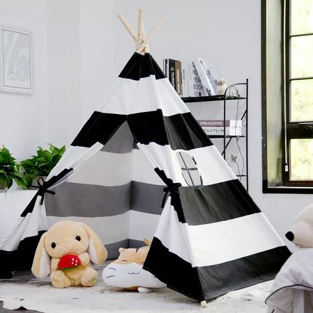 Samincom Striped Kids Teepee Tent - Portable Canvas Tent, with Floor Mat, No Extra Chemicals, black- | Walmart (US)