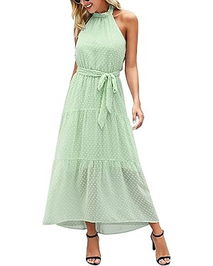 PRETTYGARDEN Women’s Casual Halter Neck Sleeveless Floral Long Maxi Dress Backless Loose Ruffle... | Amazon (US)