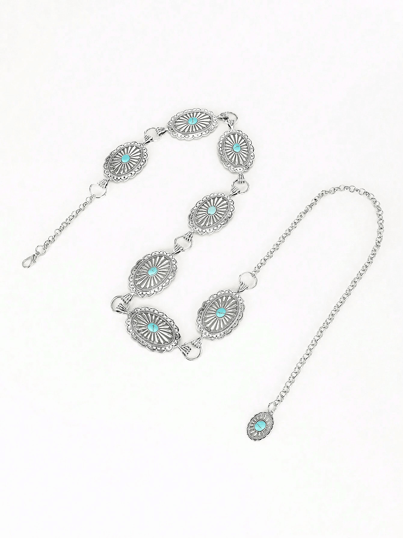 1PC Western Cowboy Carved Style Pink Turquoise Floral Engraved Vintage Silver Waist Chain, Suitab... | SHEIN