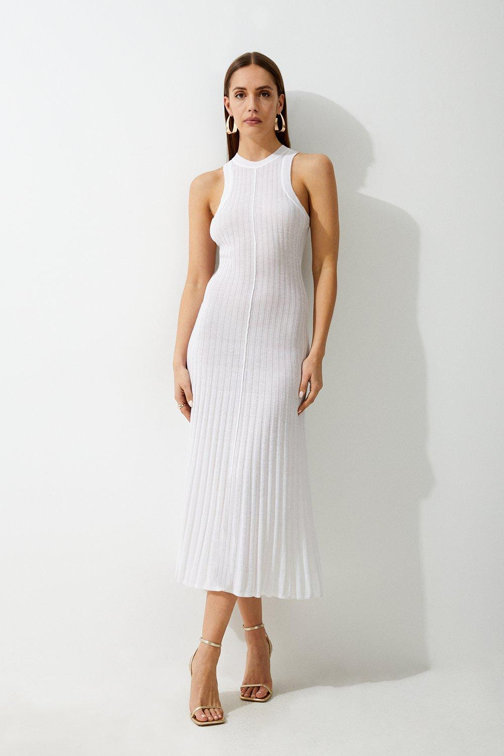 Linen Blend Racer Neck Full Skirt Knit Dress | Karen Millen UK + IE + DE + NL