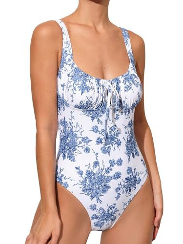 BERLOOK Womens One Piece Swimsuits Floral Push Up Bathing Suit Sexy Tie Slimming Swimsuits for Women Swimwear Blue | Amazon (US)