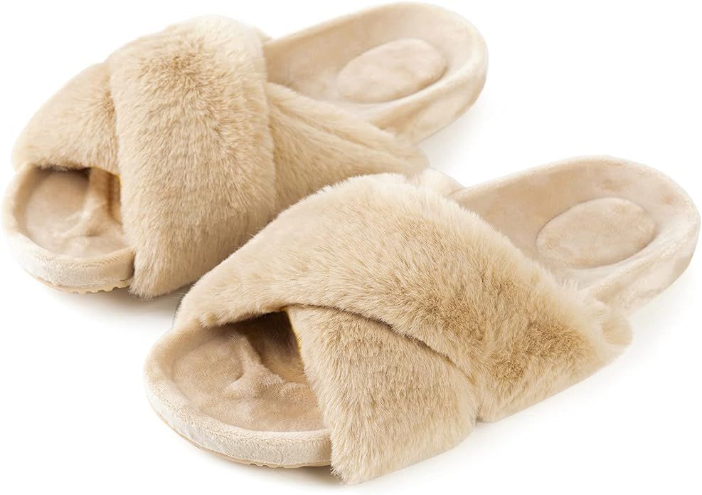 FITORY Womens Open Toe Slipper with Cozy Lining,Faux Rabbit Fur Cork Slide Sandals Size 6-11 | Amazon (US)