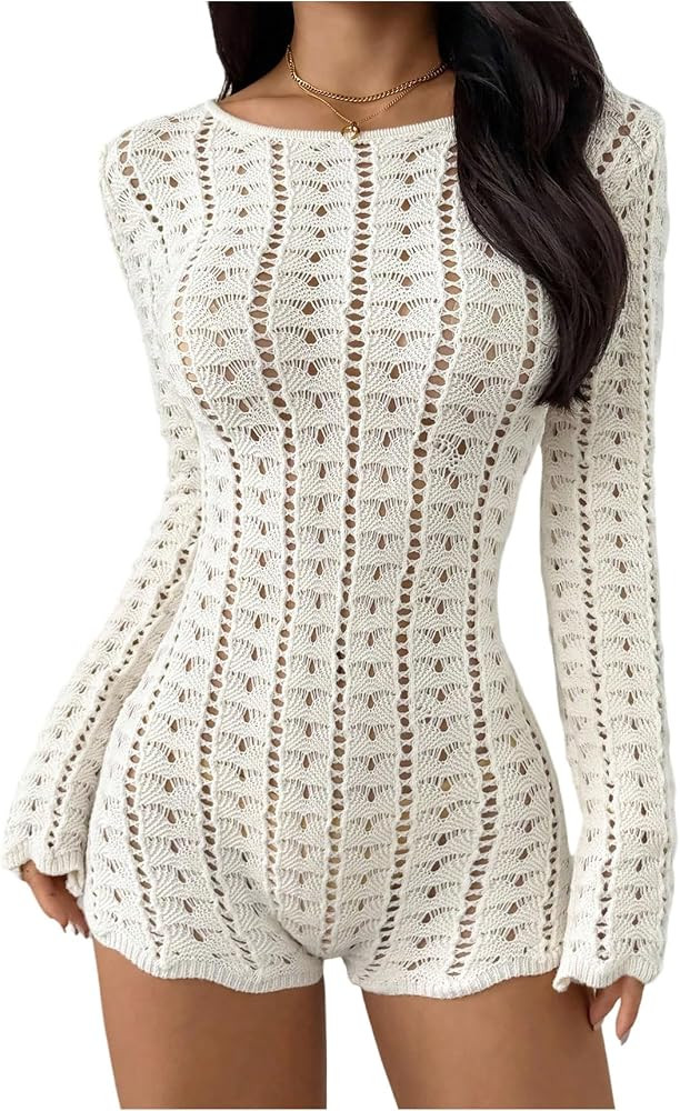 WDIRARA Women's Hollow Out Crochet Beach Cover Ups Tie Backless Shorts Jumpsuits Coverups | Amazon (US)