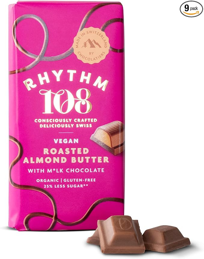 Rhythm 108 Swiss Vegan Organic Roasted Almond Butter Bar with M'lk Chocolate 9 x 100g | Amazon (UK)