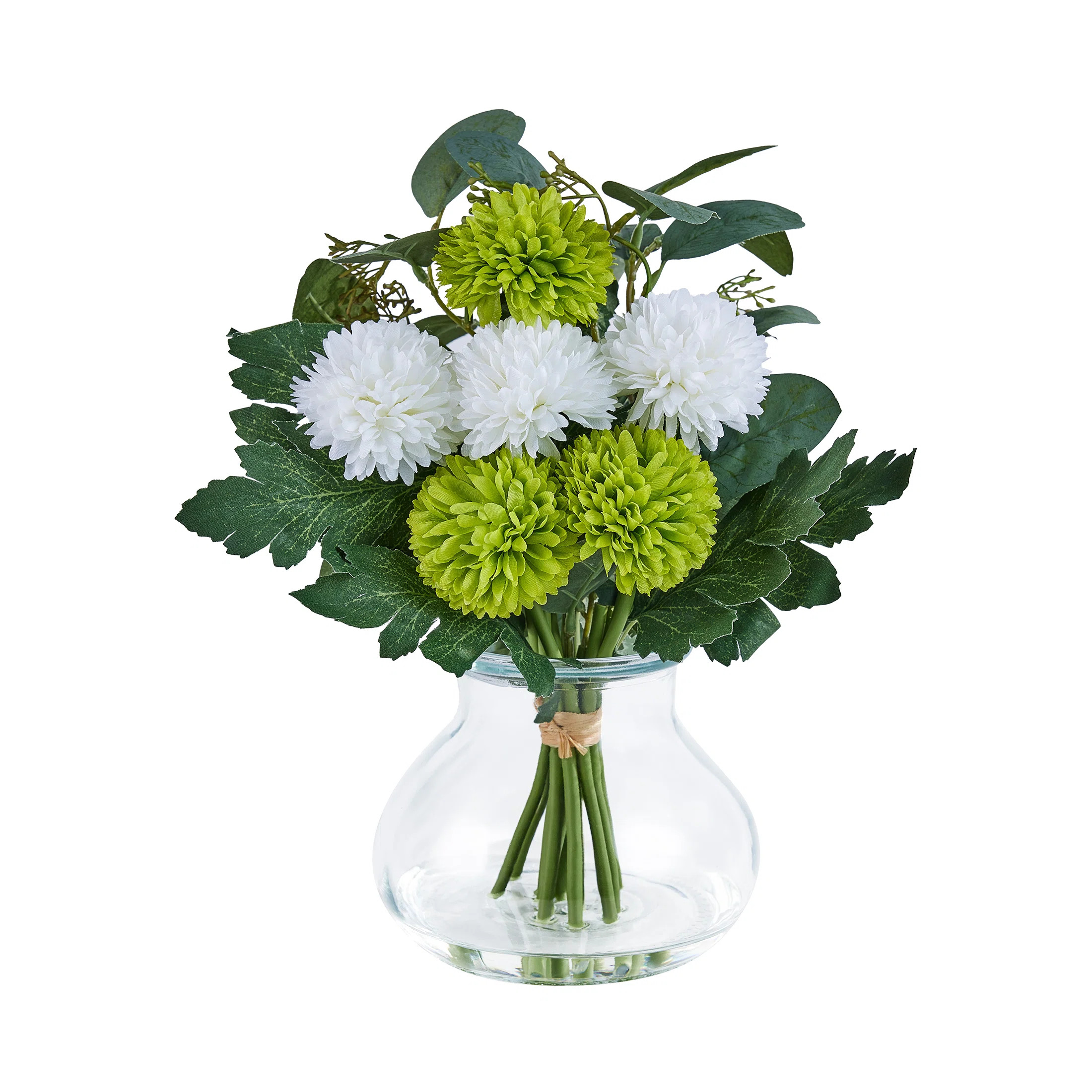 Elegant 13" Artificial White & Green Pompom Mum Arrangement In Glass Jar Vase With Faux Water - 15-Stem Lush Mixed Floral Centerpiece For Modern Minim | Wayfair North America