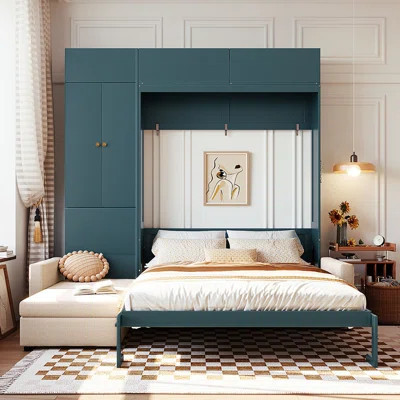 Queen Size Murphy Wall Bed with Sofa & Storage Shelves — Space-Saving Foldable Bed,Green | Wayfair North America