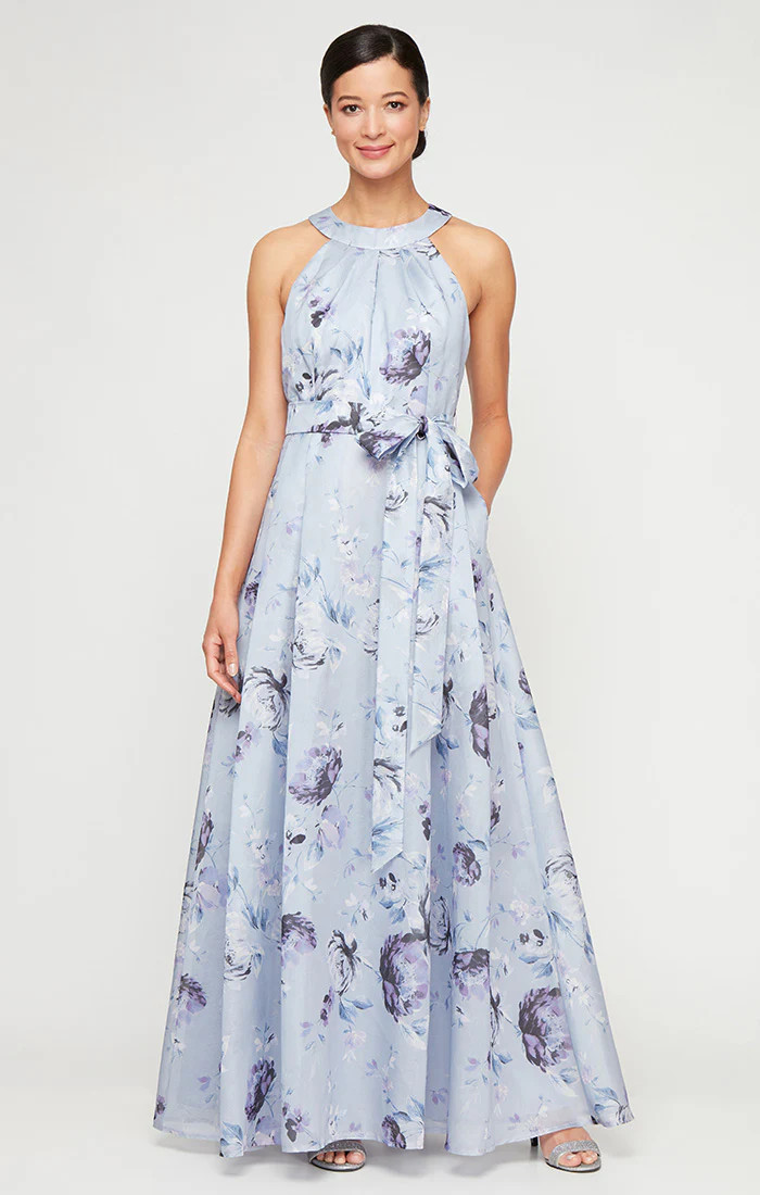 Long Printed Shimmer Organza Dress with Halter Neckline, Full Skirt and Tie Belt | Alex Evenings