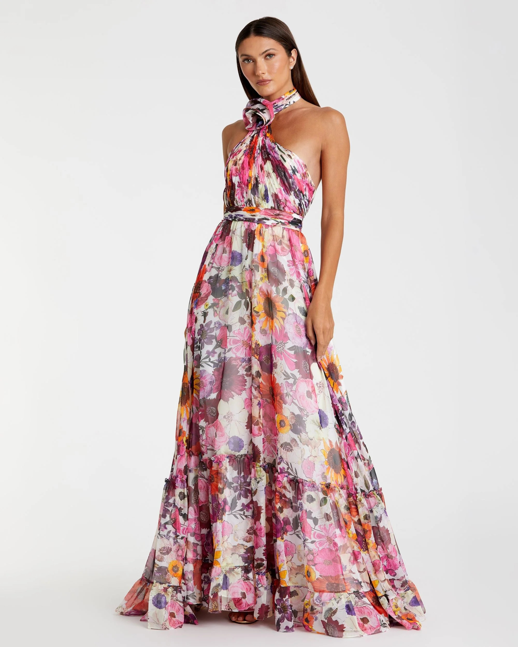 Asymmetrical Ruffled Halter Floral Gown - Mac Duggal | Mac Duggal