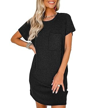 Acelitt Womens Casual Summer Crewneck Short Sleeve Ribbed Mini Tshirt Dress, XS-3XL | Amazon (US)