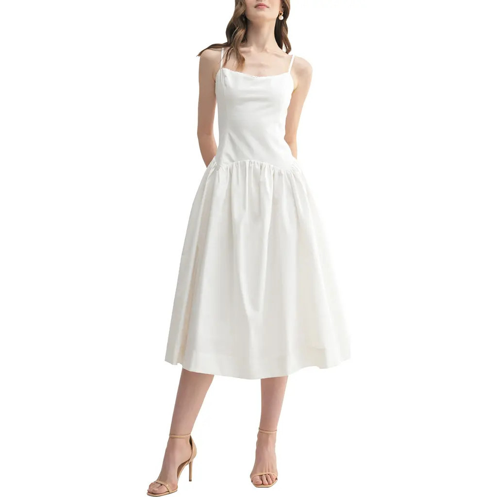 All in Favor Drop Waist Cotton & Linen Midi Dress in White at Nordstrom, Size Small | Nordstrom