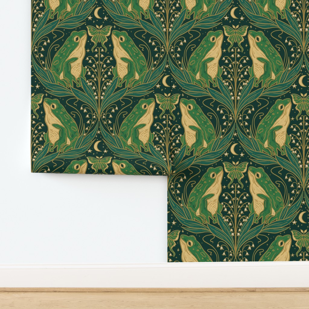 Art Nouveau Frogs with lily of the valley Luna moth and moon and stars Wallpaper | Spoonflower | Spoonflower