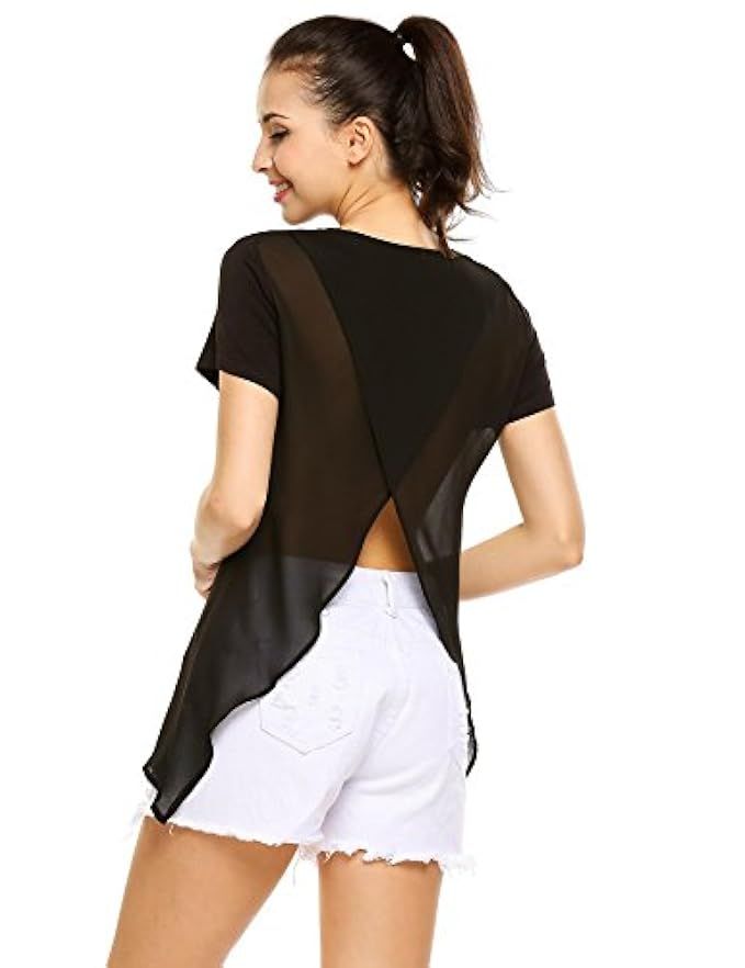 Zeagoo Women Open Back Shirts Short Sleeve Chiffon Tunic Tops With Pocket | Amazon (US)