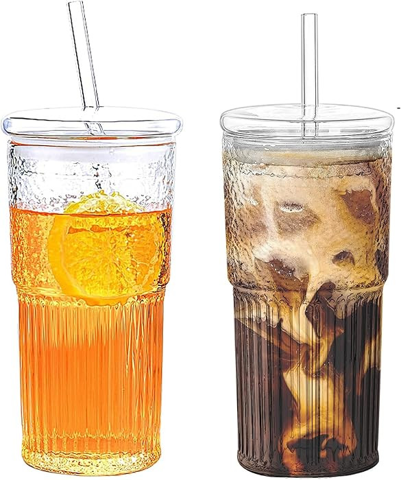 2PCS Glass Cups with Lids and Glass Straws, 20OZ Iced Coffee Cups, Home Essential and Coffee Bar ... | Amazon (US)