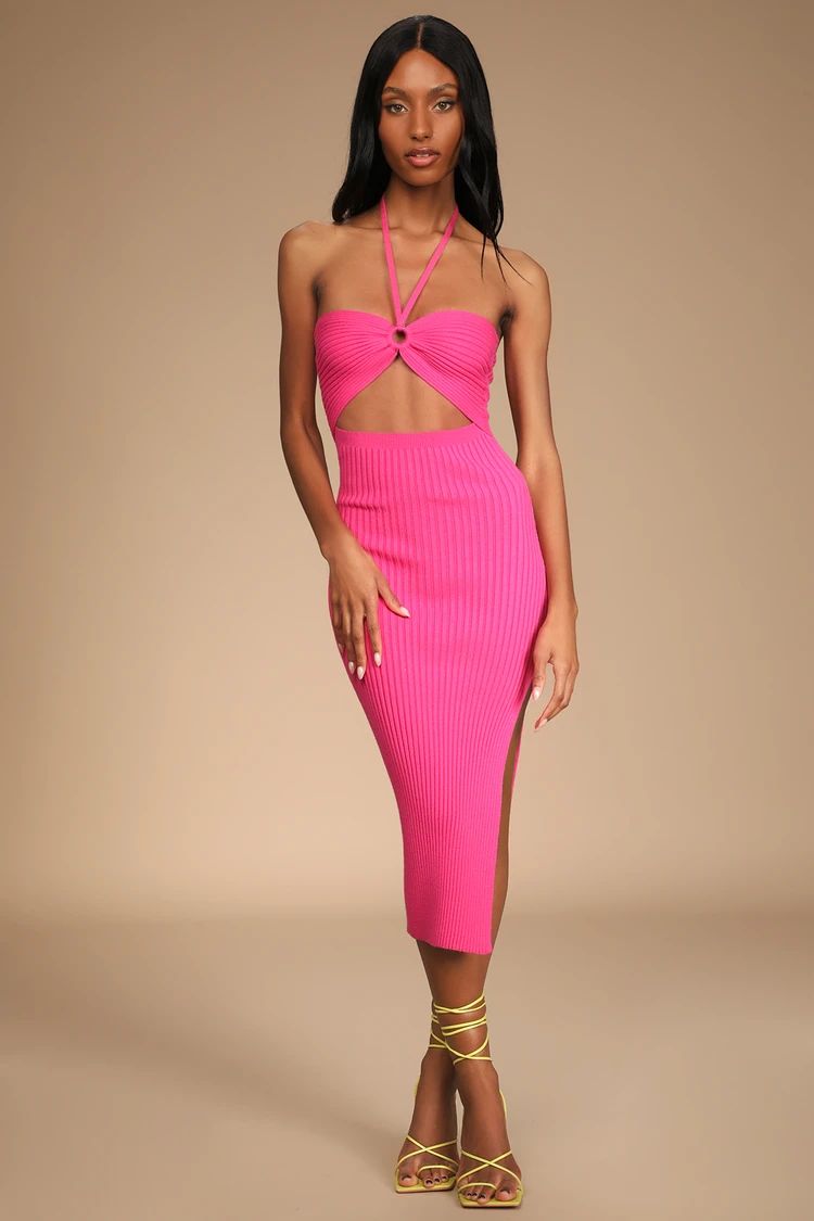 Leading the Trends Hot Pink Ribbed Knit Cutout Halter Midi Dress | Lulus