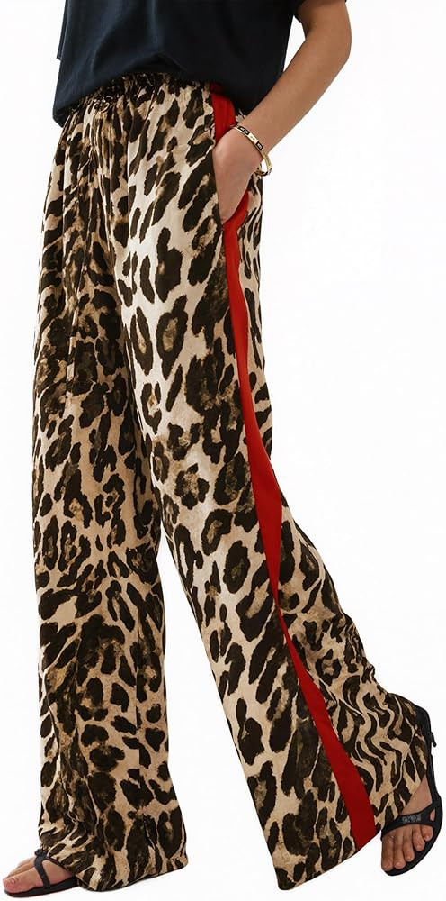 LIWEIKE Women's Leopard Print Pants Drawstring Color Block Side Striped Pants Y2K Cheetah Wide Le... | Amazon (US)