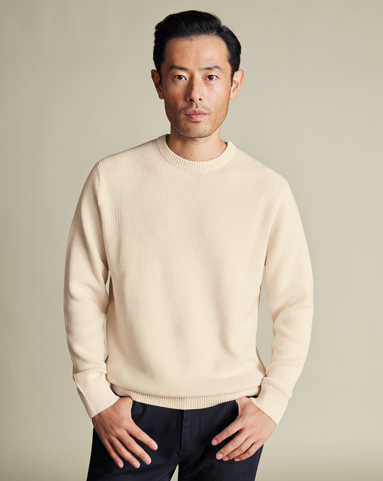 Cotton Rib Crew Neck Jumper - Cream | Charles Tyrwhitt