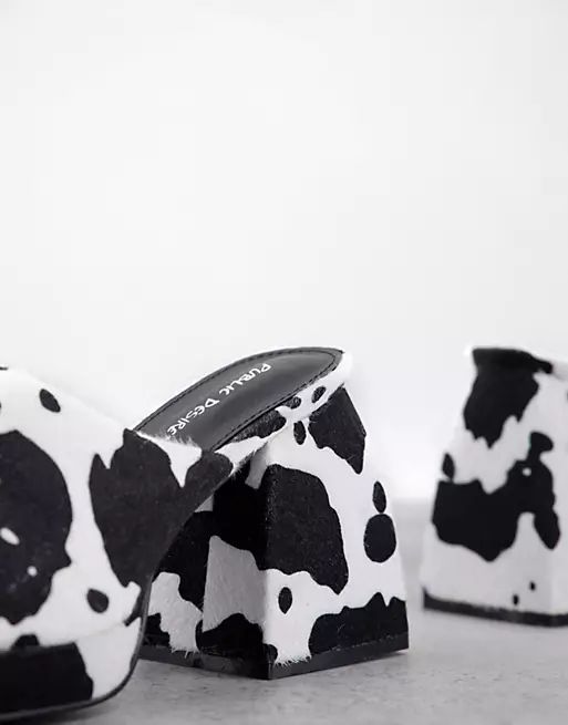 Public Desire Wide Fit Oreo chunkly mules in cow print | ASOS (Global)