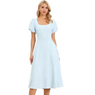 INSPIRE CHIC Women's Summer Square Neck Short Puff Sleeve Casual Midi A Line Jacquard Floral Dresses X-Large Blue | Target