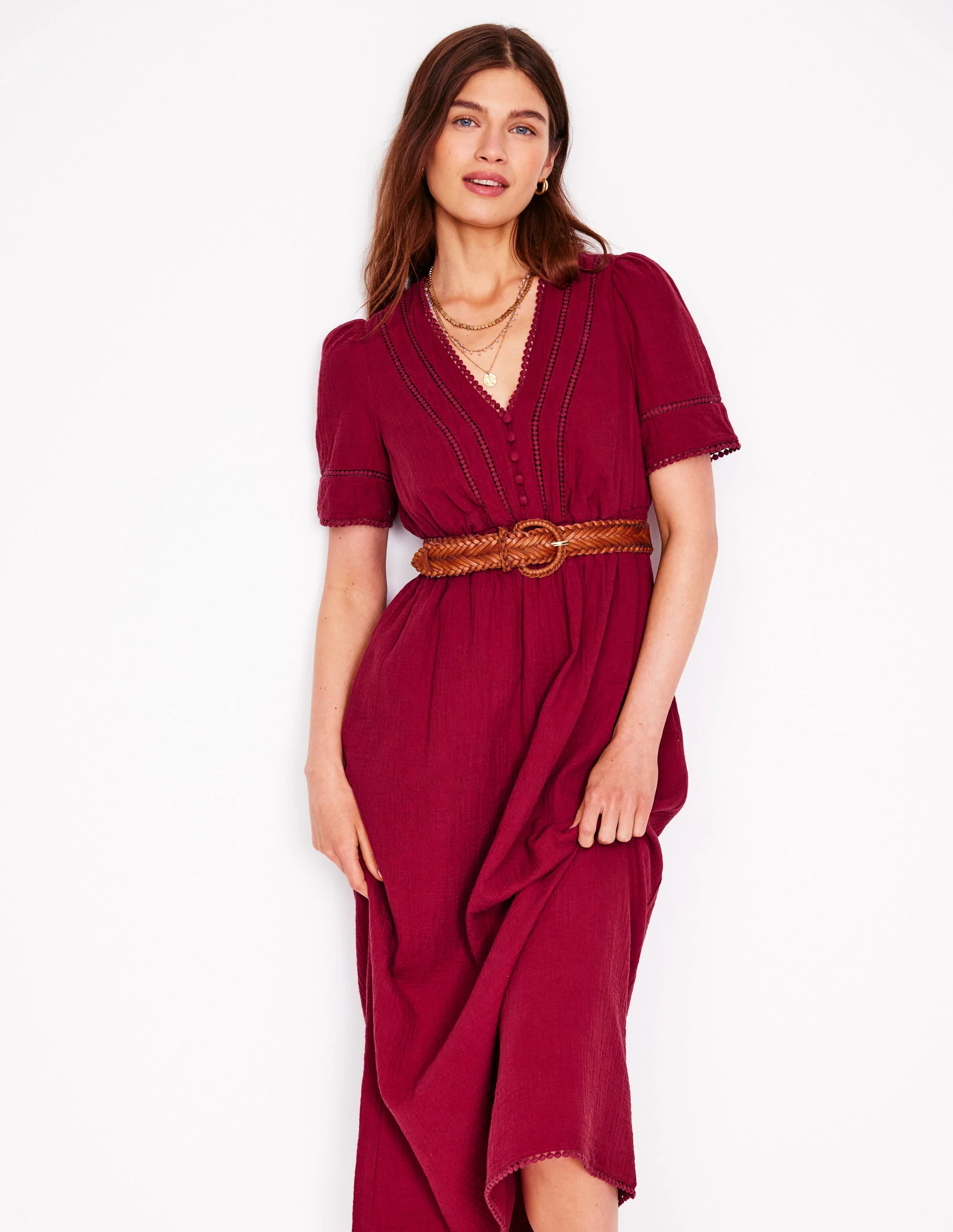 Trim Double Cloth Dress-Garnet Red | Boden (US)