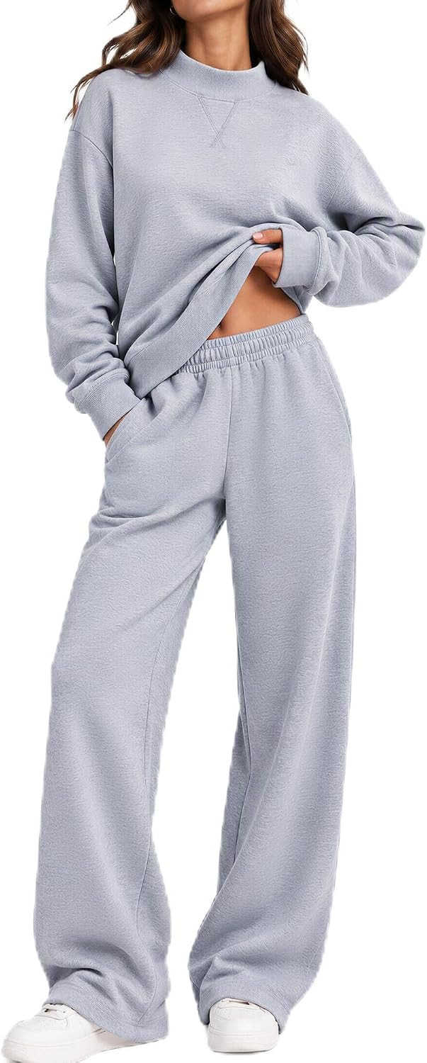 SUUKSESS Women Cotton 2 Piece Outfit Mock Neck Sweatshirt Wide Leg Pants | Amazon (US)
