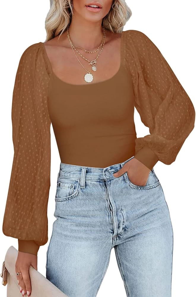 PINKMSTYLE Women's Square Neck Long Sleeve Bodysuit Polka Dots Tops Sheer Basic Jumpsuit Party Sh... | Amazon (US)