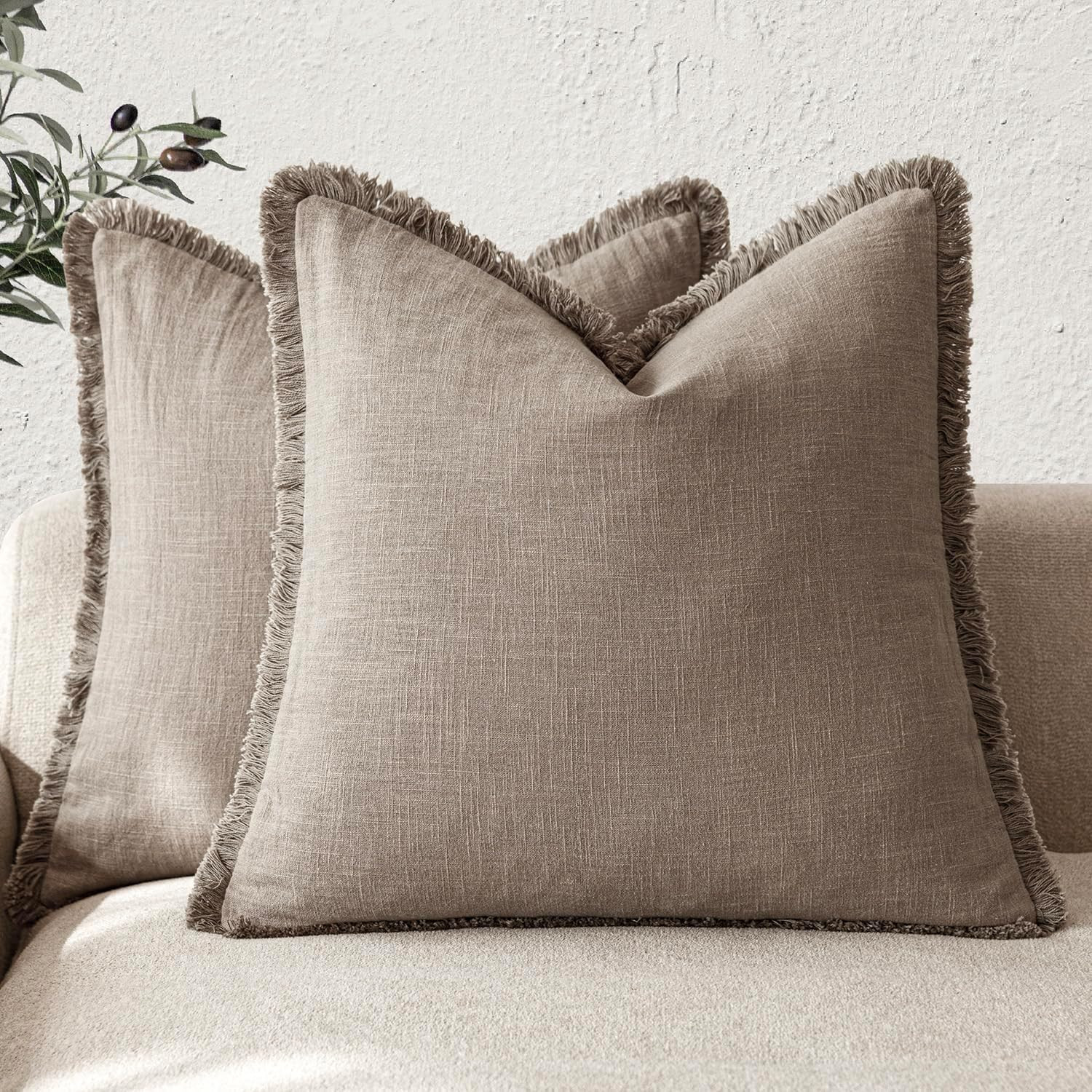 Foindtower Decorative Linen Fringe Throw Pillow Covers 26×26 Inch,Brown Tan | Amazon (US)