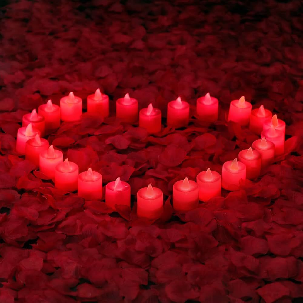 LANKER 500 PCS Red Artificial Rose Petals with 24 PCS Bright Flickering Red Flameless LED Tea Lig... | Amazon (US)