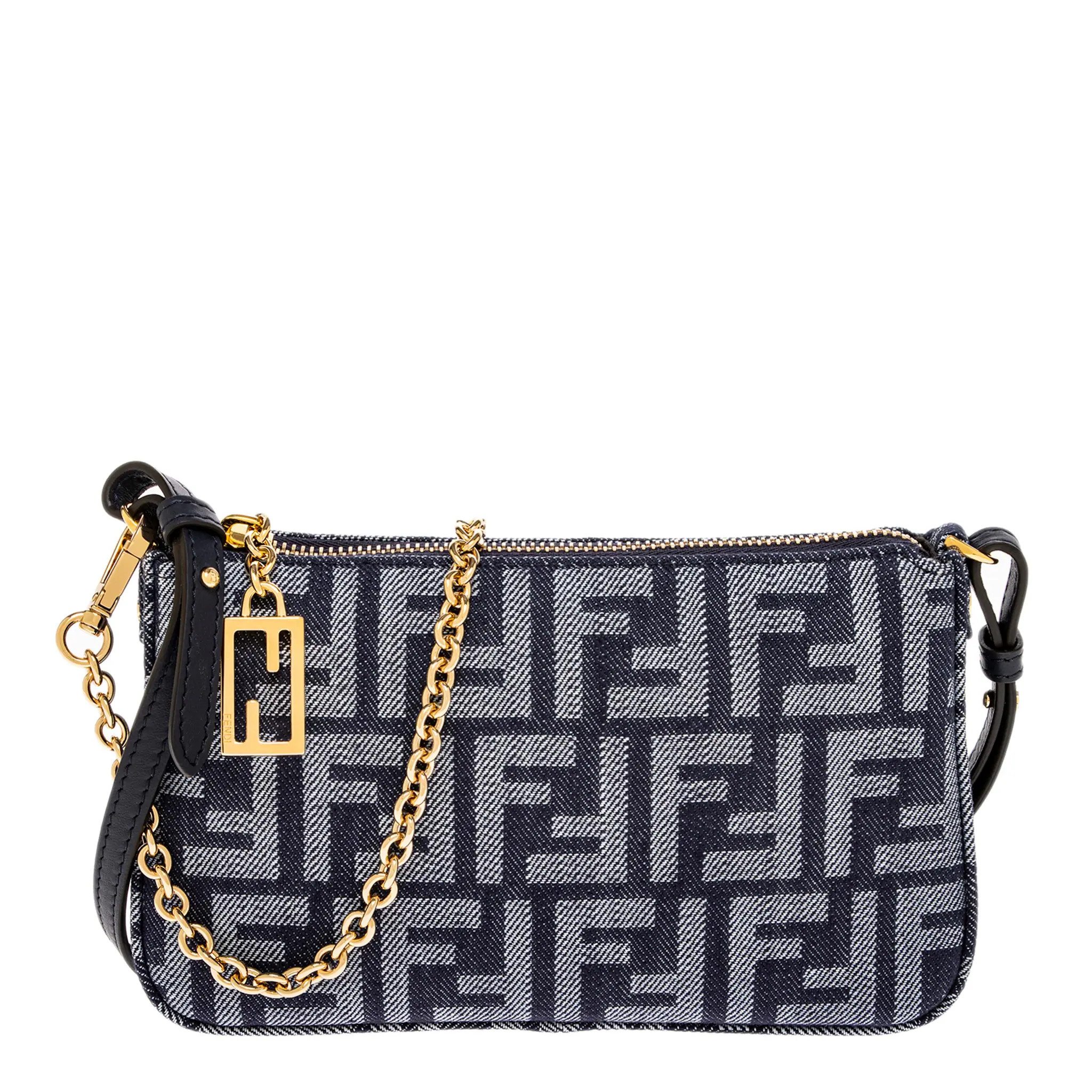 Fendi Baguette Pouch on Chain in Denim-effect Jacquard - Denim Blue | Overstock