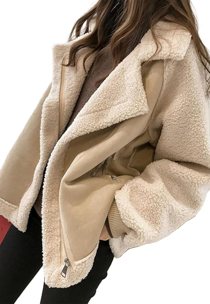Anna-Kaci Contrast Shearling Sleeve Open Front Cozy Wool Jacket for Women | Amazon (US)