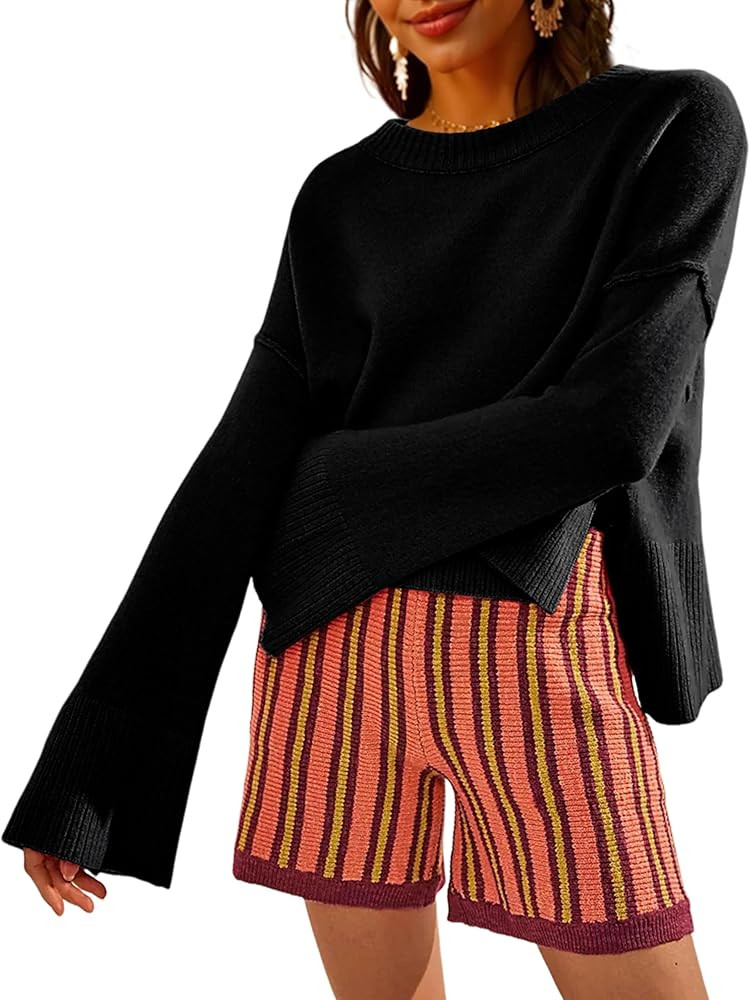 Womens Lightweight Sweaters Crewneck Bell-Style Sleeve Batwing Knit Tops Slouchy Soft Pullover Ju... | Amazon (US)