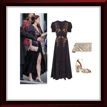 Princess Eugenie at the Duke of Westminster’s wedding reception wearing past season Saloni Lea dress, Aquazzura Very Sundance 85 sandals in gold and carrying Anya Hindmarch Nesson tassel clutch in gold 