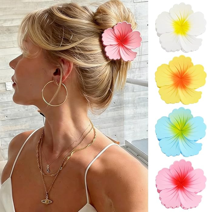 4 Pcs Hawaiian Flower Hair Claw Clips for Women，Frosted Hibiscus Hair Claw Clips，Strong Hold ... | Amazon (US)