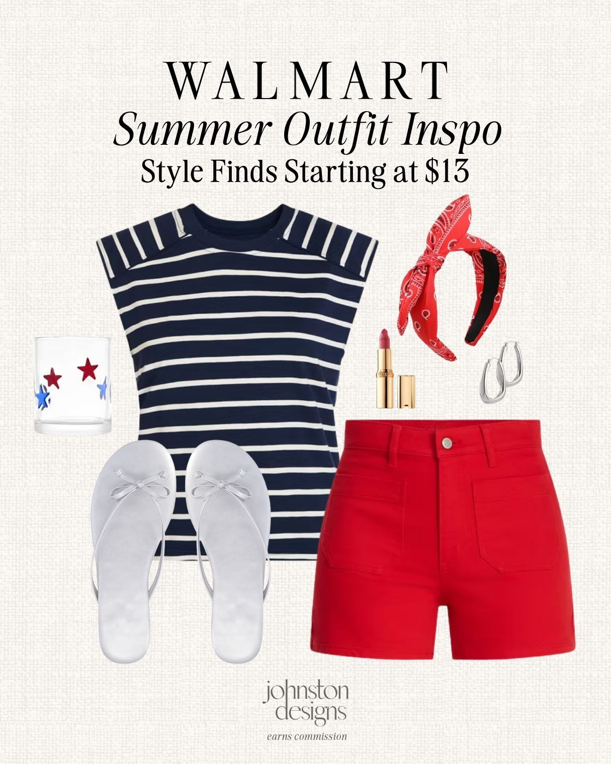 Walmart summer outfit inspo with style finds starting at $13, perfect for festive weekends and easy warm weather plans. 🇺🇸

Walmart summer outfit, striped top outfit, red shorts outfit, Fourth of July style, patriotic summer look, white bow sandals, red bandana headband, silver hoop earrings, star glass cup, affordable Walmart fashion, casual summer outfit, budget friendly style finds, Memorial Day outfit inspo, red white blue fashion 

 #LTKootd #LTKSeasonal